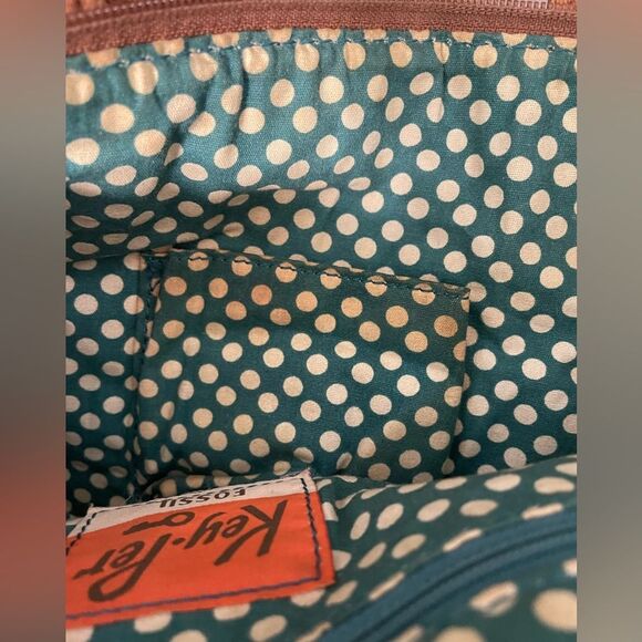 Fossil Keyper Tan Pink Orange Floral PVC Coated Textile CrossbodyPurse W/Key Tag - Picture 11 of 12